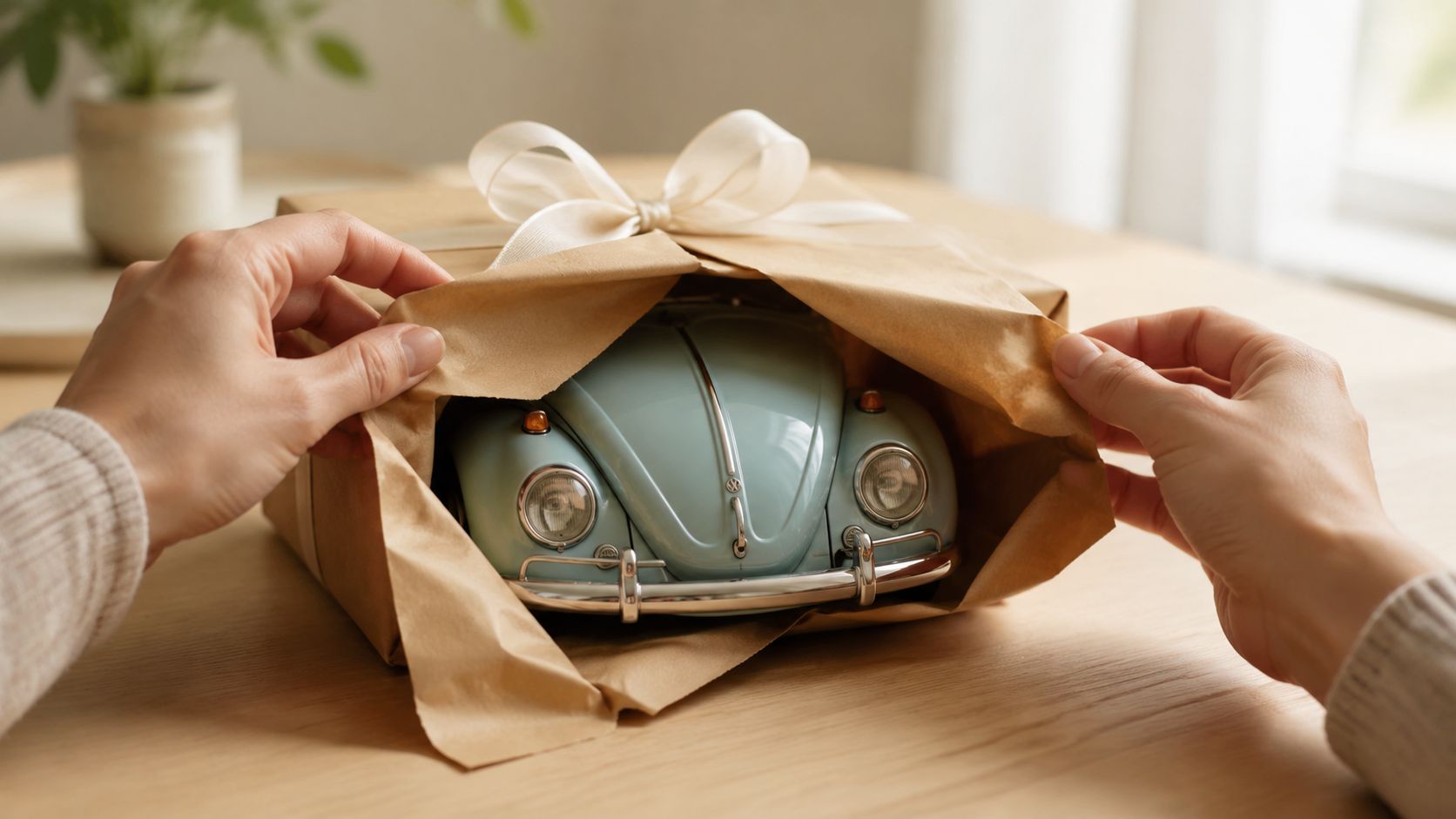 A person unwrapping a gift box containing a miniature light blue vintage Volkswagen Beetle car model.