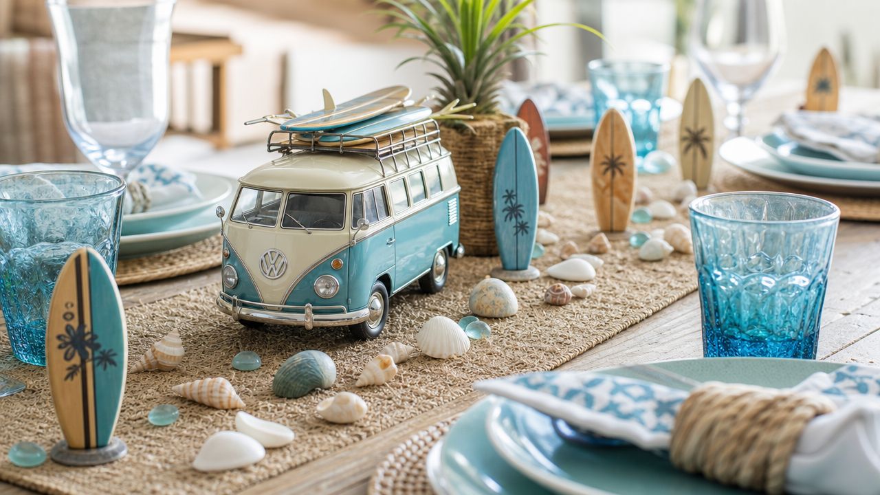 A coastal-themed dining table centerpiece with a miniature Volkswagen van, tiny surfboards, and decorative seashells on a runner.
