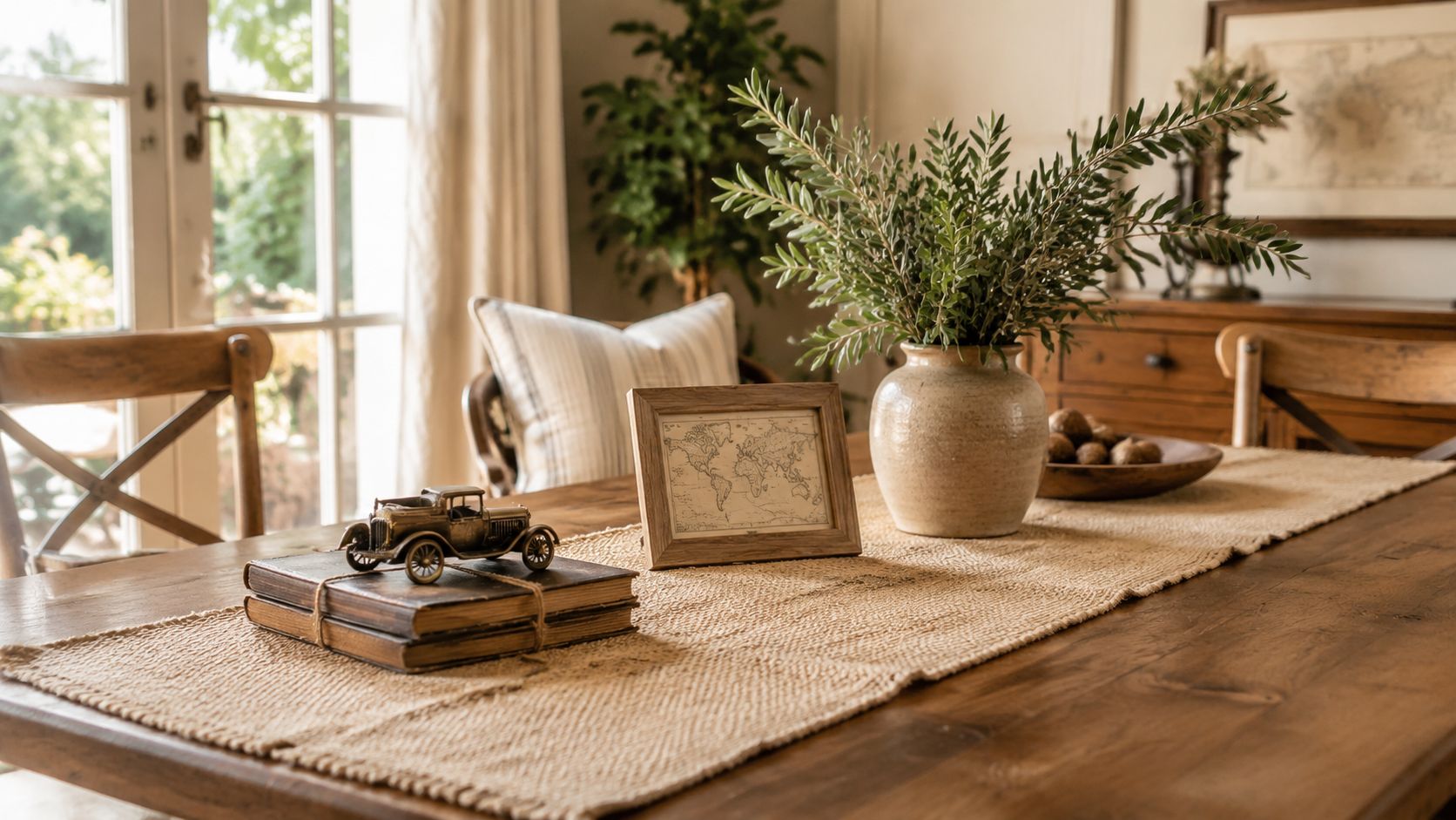 A rustic wooden dining table featuring a jute runner, antique car model, world map frame, and plant.