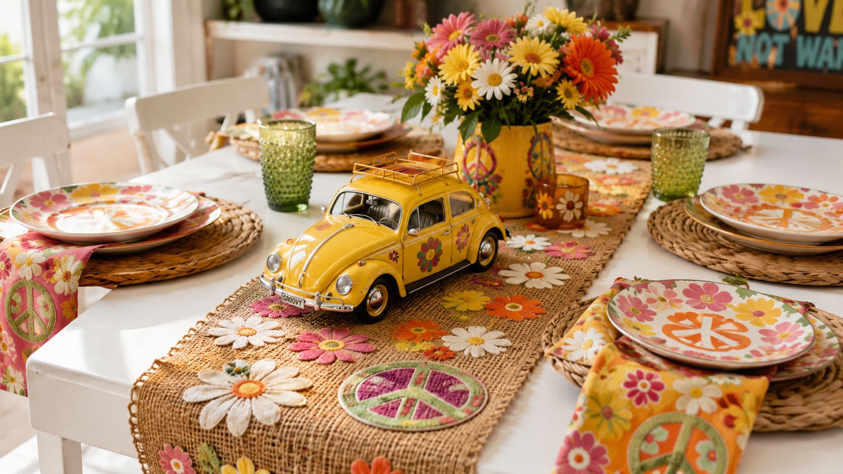 A festive dining table decorated with a hippie-themed jute table runner, a yellow toy car, and floral plates.