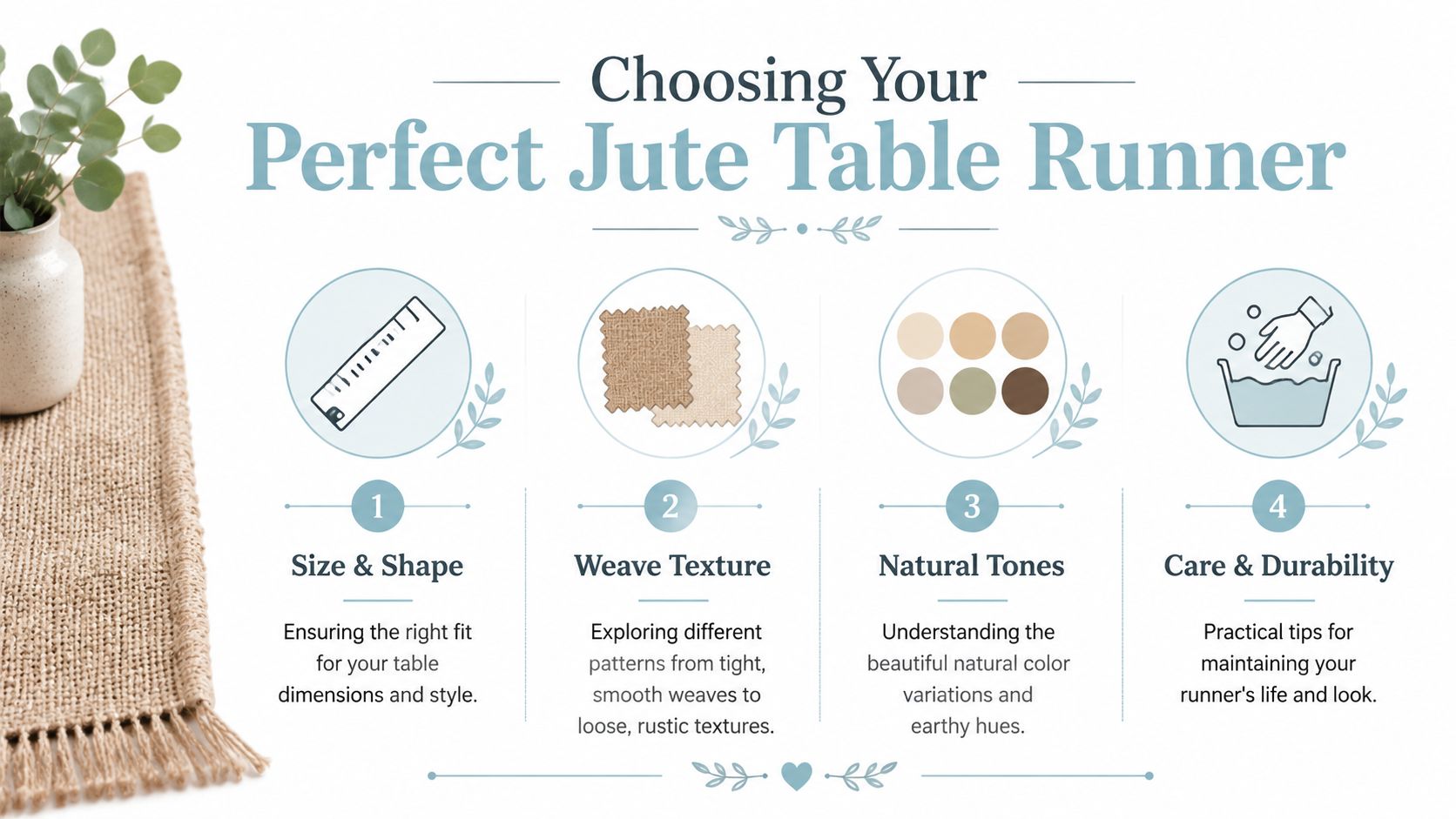 An infographic showing four steps for choosing the perfect jute table runner, including size, texture, and care.
