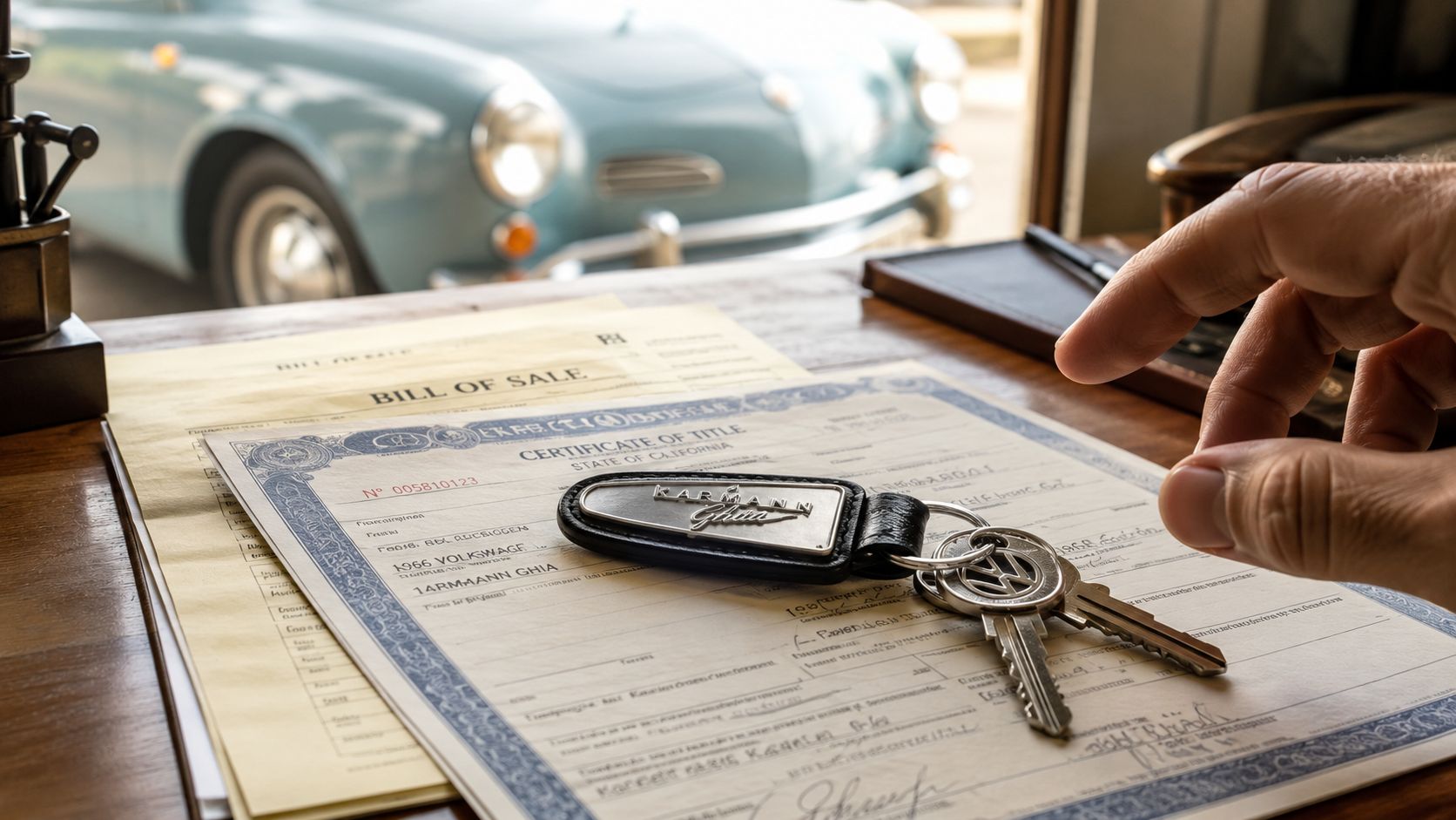 A hand reaching for a set of vintage Volkswagen Karmann Ghia keys lying on a California title document.