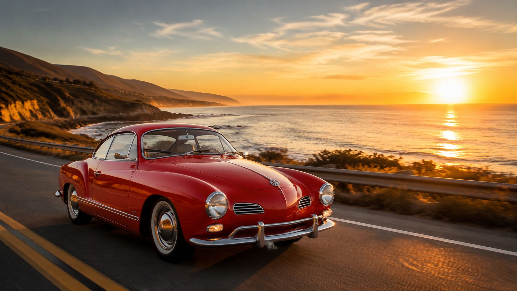 A vibrant red Volkswagen Karmann Ghia driving along a scenic coastal road during a beautiful golden sunset.