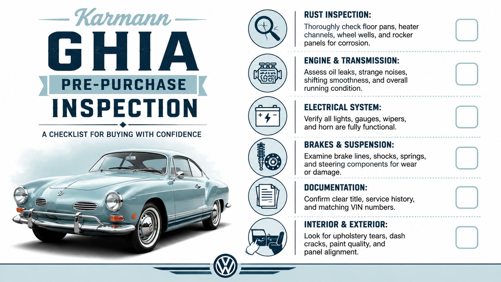 A comprehensive pre-purchase inspection checklist for a vintage Volkswagen Karmann Ghia classic car buyer.