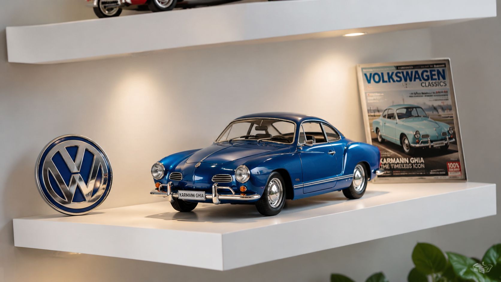 A detailed blue Volkswagen Karmann Ghia model car displayed on a white shelf with a VW logo.