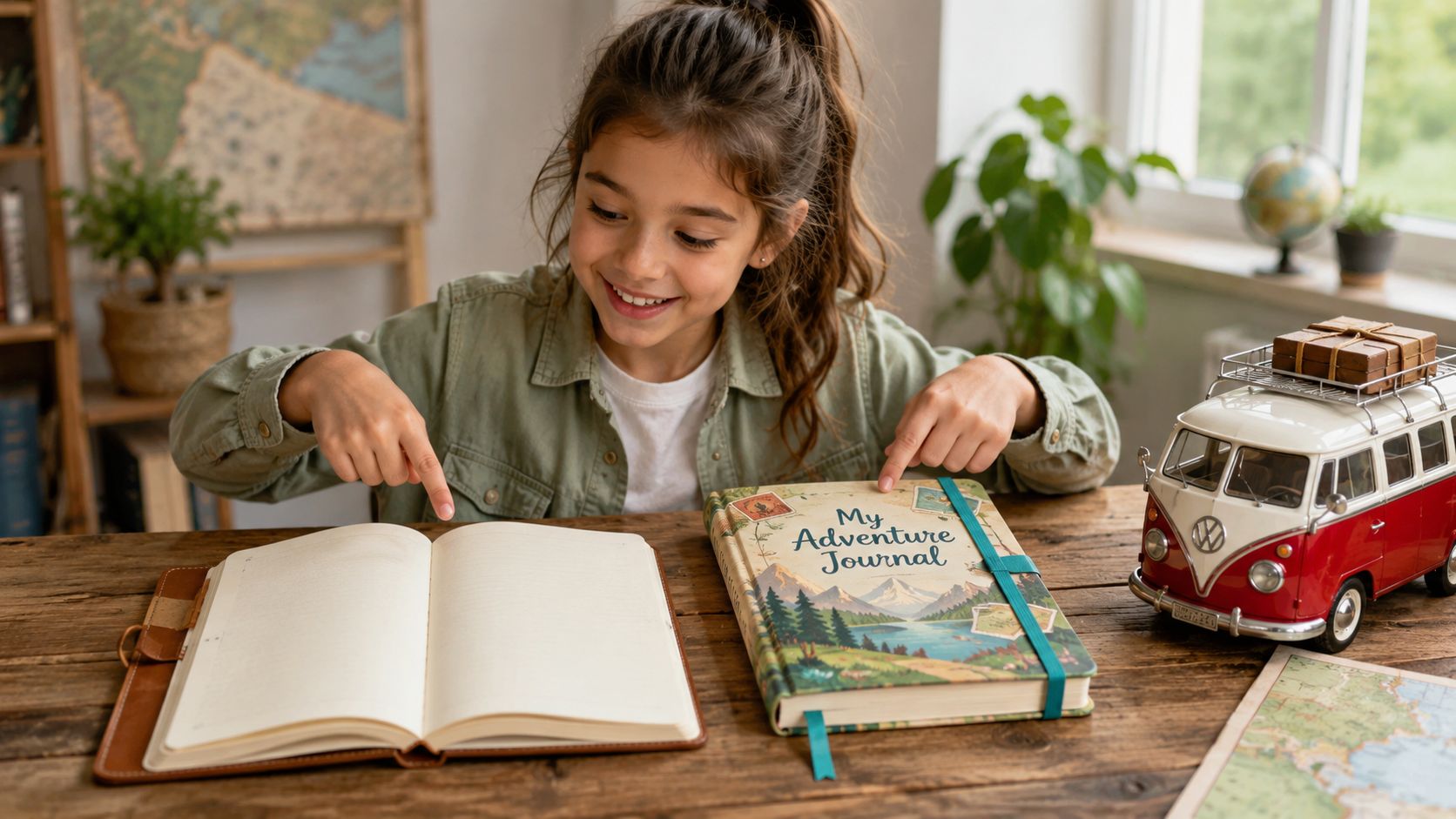 A happy young girl pointing at an open journal on a wooden table with a toy van.