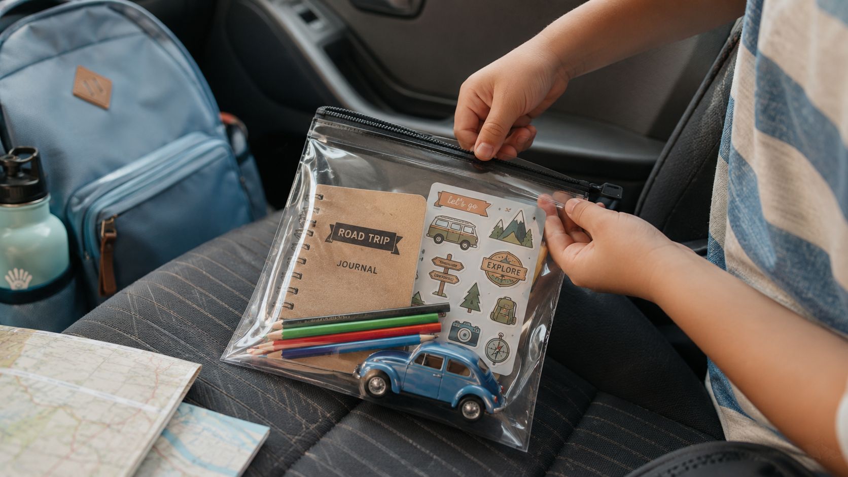 A child packing a clear travel pouch with a journal, colored pencils, and a toy car for a trip.