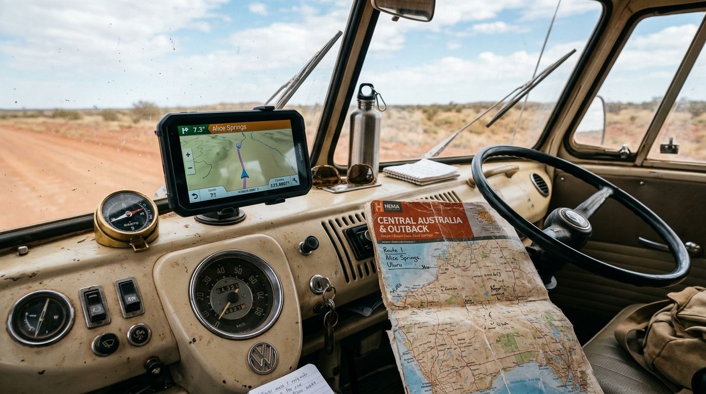 Interior view from the driver's seat of a vintage Volkswagen bus driving through the Australian Outback.
