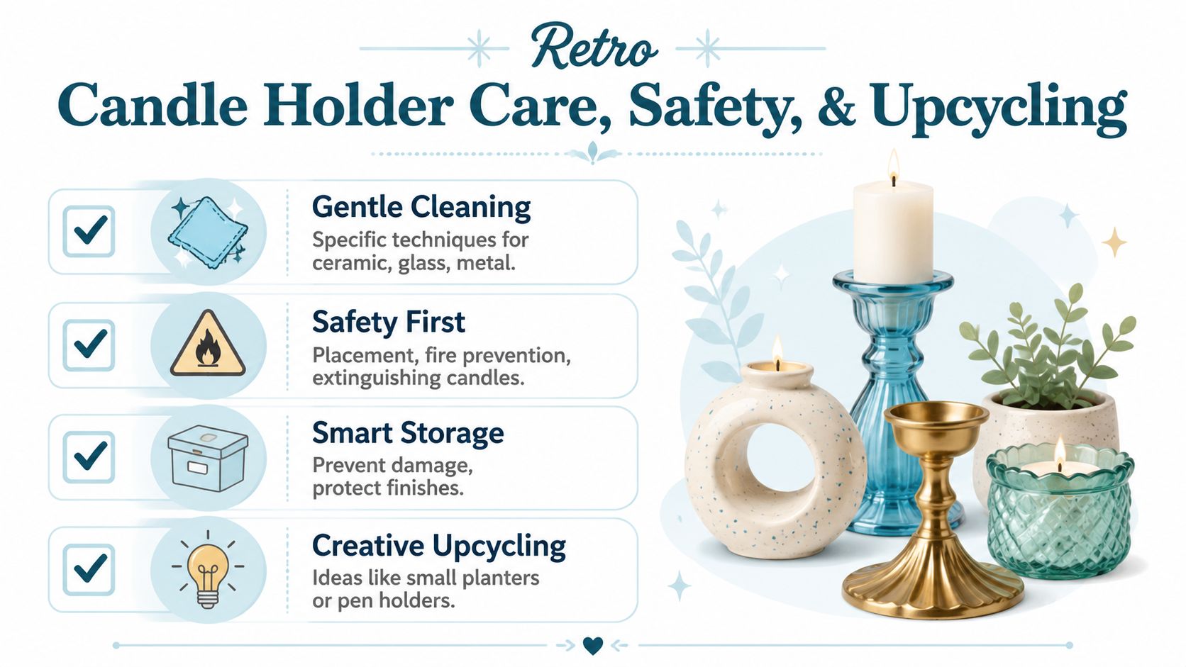 An infographic detailing care, safety, and upcycling ideas for various vintage style candle holders.