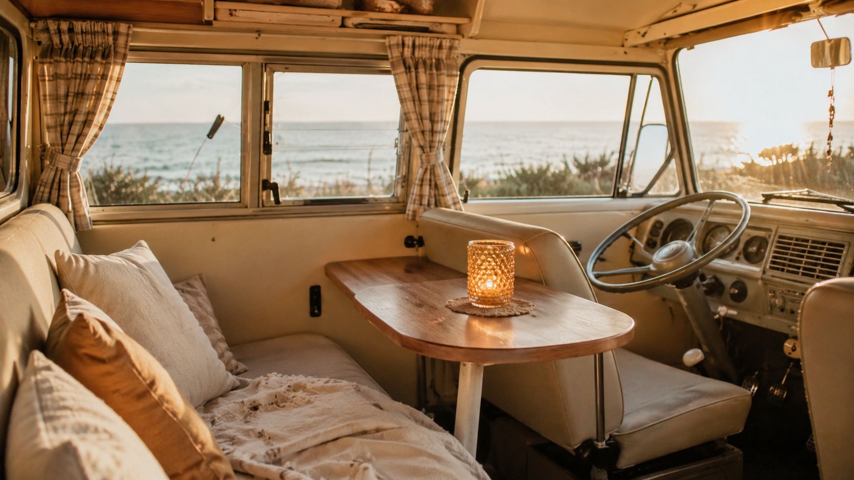 A cozy, sunlit van interior featuring a warm candle on a wooden table overlooking the ocean.