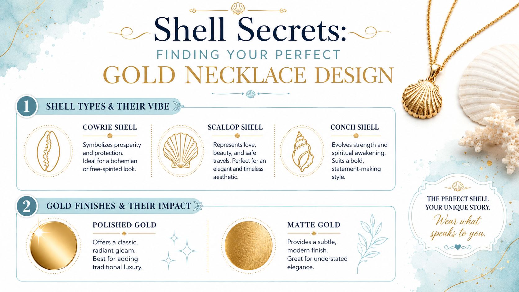 A guide on selecting shell gold necklaces, featuring shell types like cowrie, scallop, and conch with finish options.