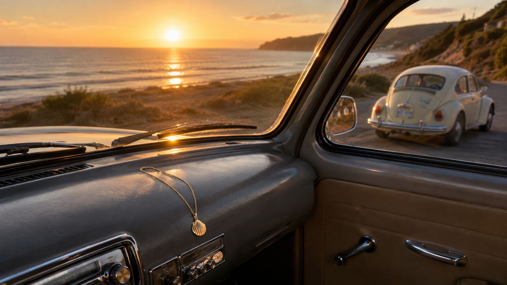 A gold seashell necklace resting on the dashboard of a vintage car parked overlooking a coastal sunset.
