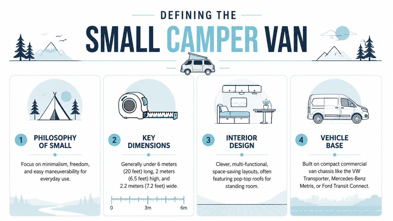 An infographic defining the key features of small camper vans, including philosophy, dimensions, interior, and base.
