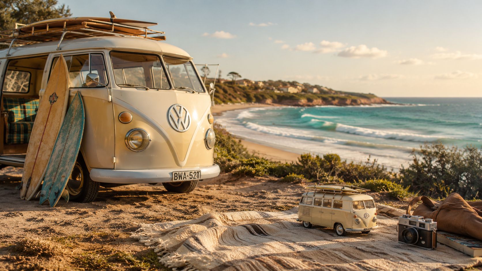 A vintage cream-colored Volkswagen camper van parked on a coastal cliff next to a toy replica van.