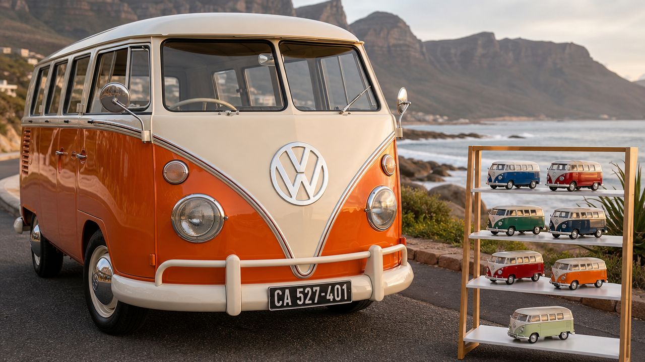 A large vintage orange and white Volkswagen camper van next to a shelf of miniature toy vans.