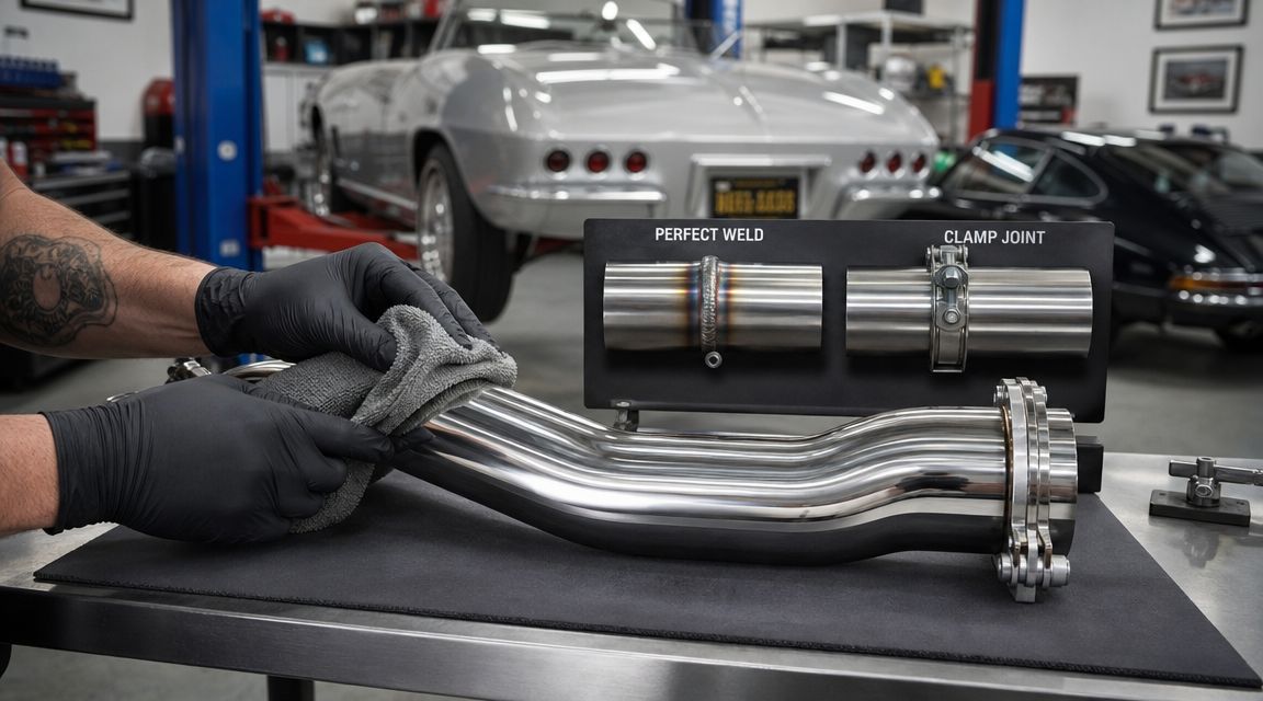 A person with black gloves wiping a polished stainless steel exhaust pipe in an automotive workshop.