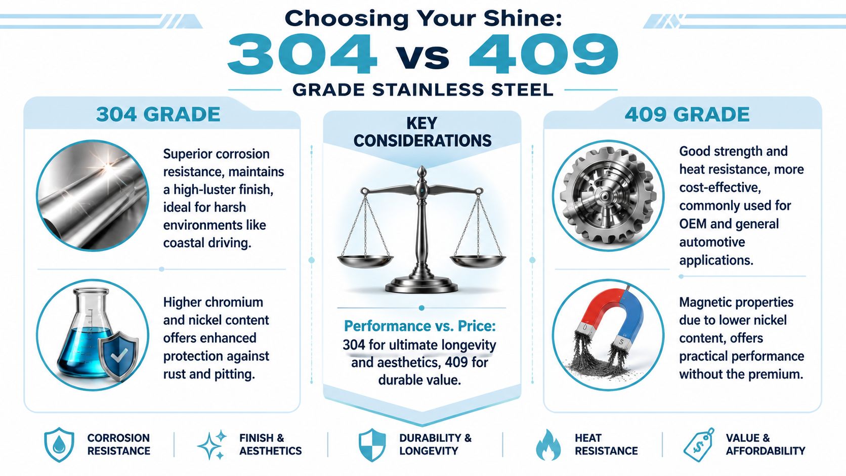 A comparison chart explaining the differences between 304 and 409 grade stainless steel for automotive applications.