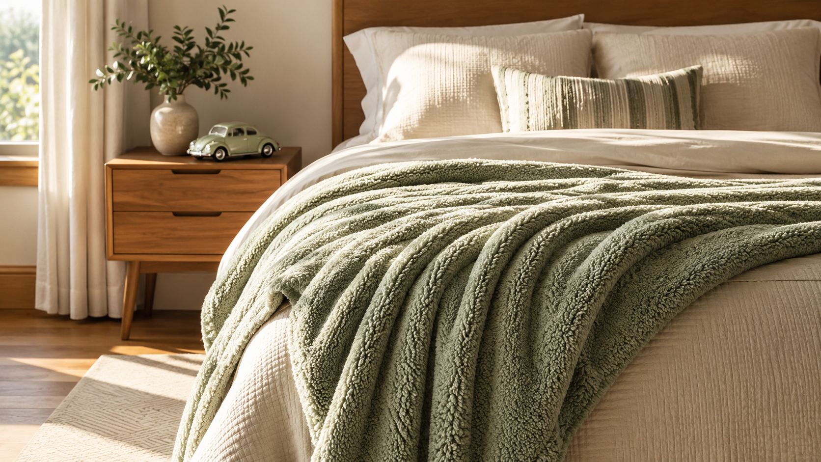 A cozy bedroom scene featuring a textured sage green sherpa throw blanket draped over a beige bed.