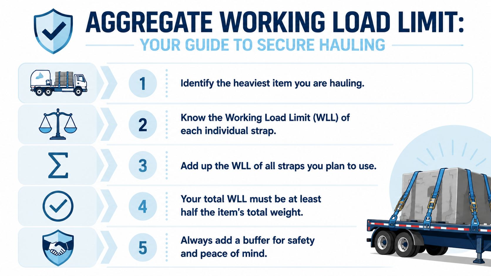 A safety infographic guide for cargo securement outlining the five steps to calculate aggregate working load limits.