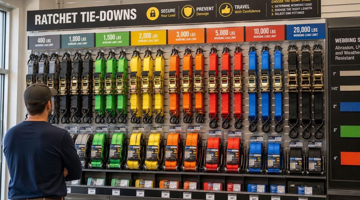 A man stands in a store looking at a wall display of various colorful ratchet tie-down straps.