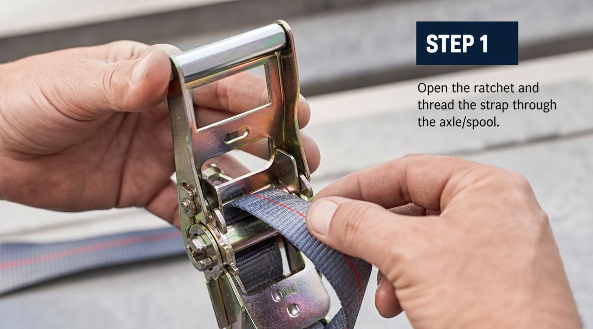 A pair of hands feeding a gray tie down strap through the metal axle of a ratchet mechanism.