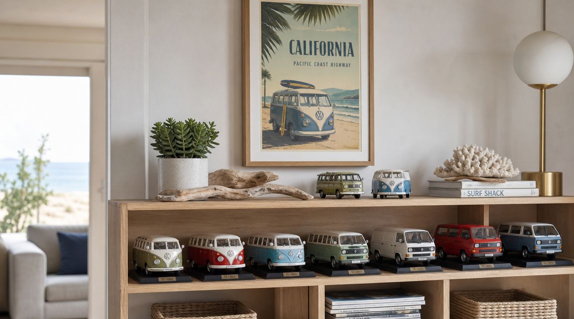 A wooden shelf displays several miniature Volkswagen Transporter Combi van models under a California coastal wall print.