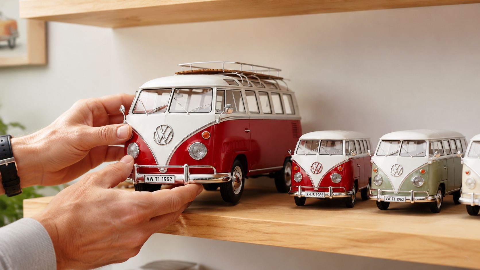 A person holds a red and white Volkswagen T1 model van on a wooden shelf with other models.