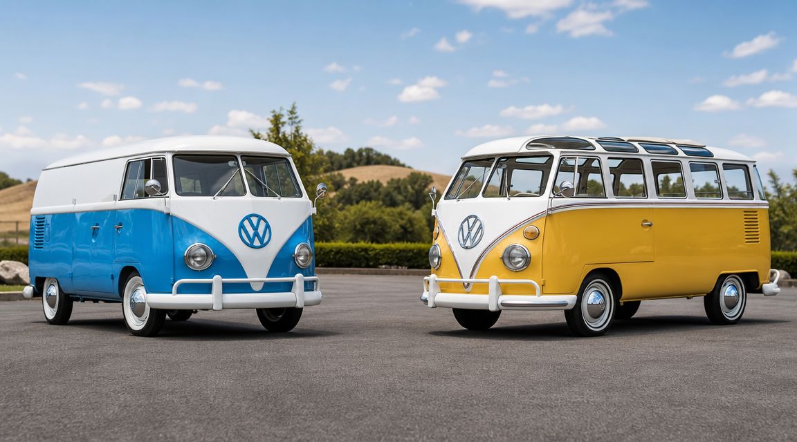 A blue Volkswagen panel van and a yellow Volkswagen Samba bus parked side by side outdoors.