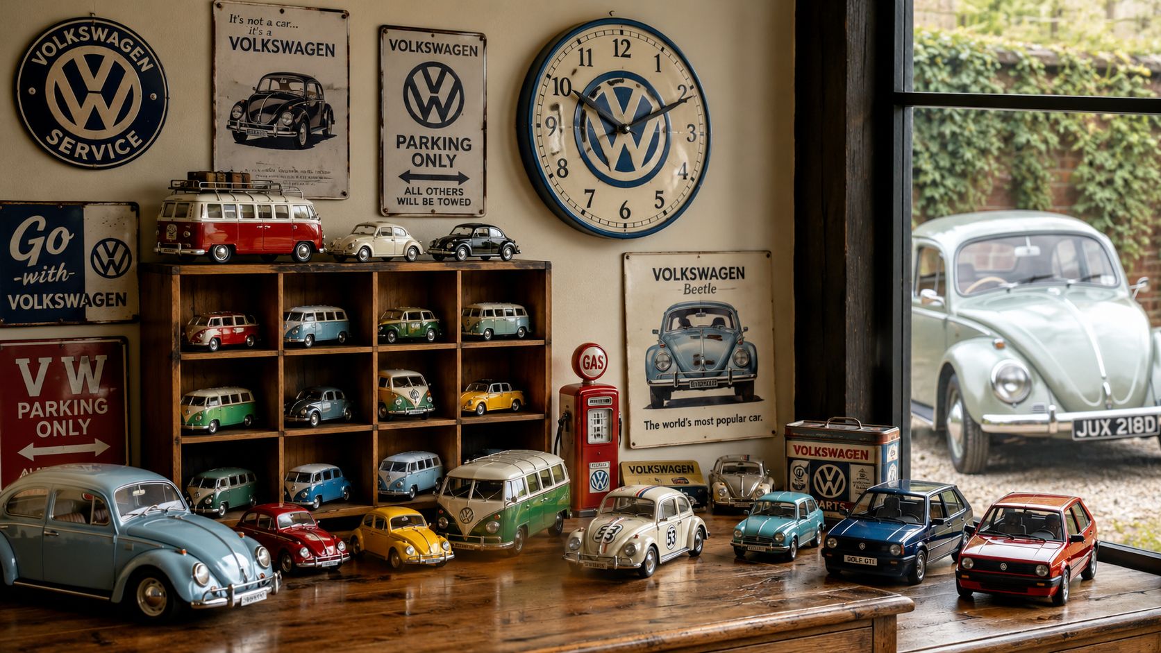 A rustic collection of vintage Volkswagen diecast models, signs, and decor displayed on a wooden shelf.