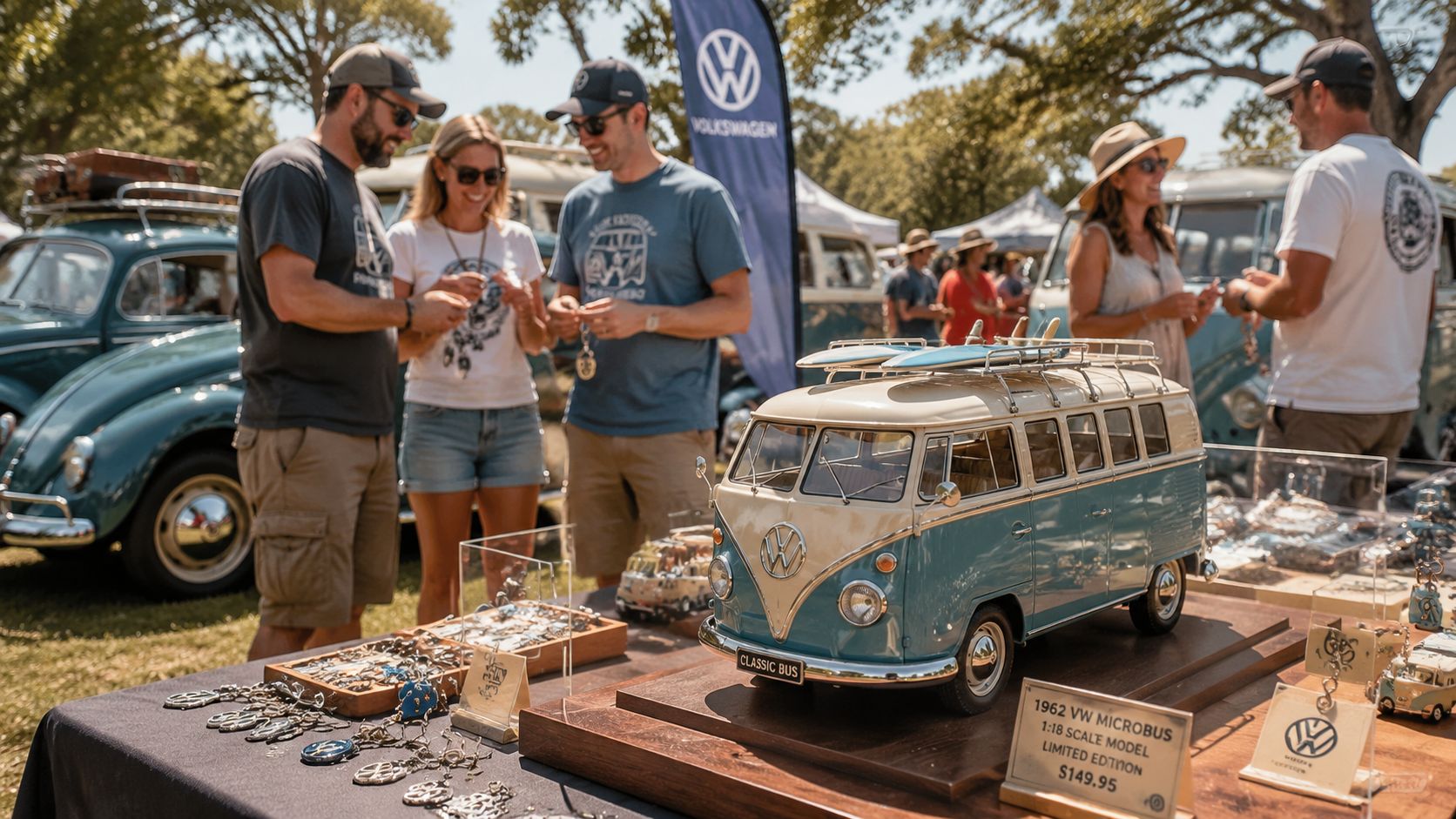 A crowd of people browsing unique Volkswagen merchandise and miniature bus models at a sunny outdoor car show.