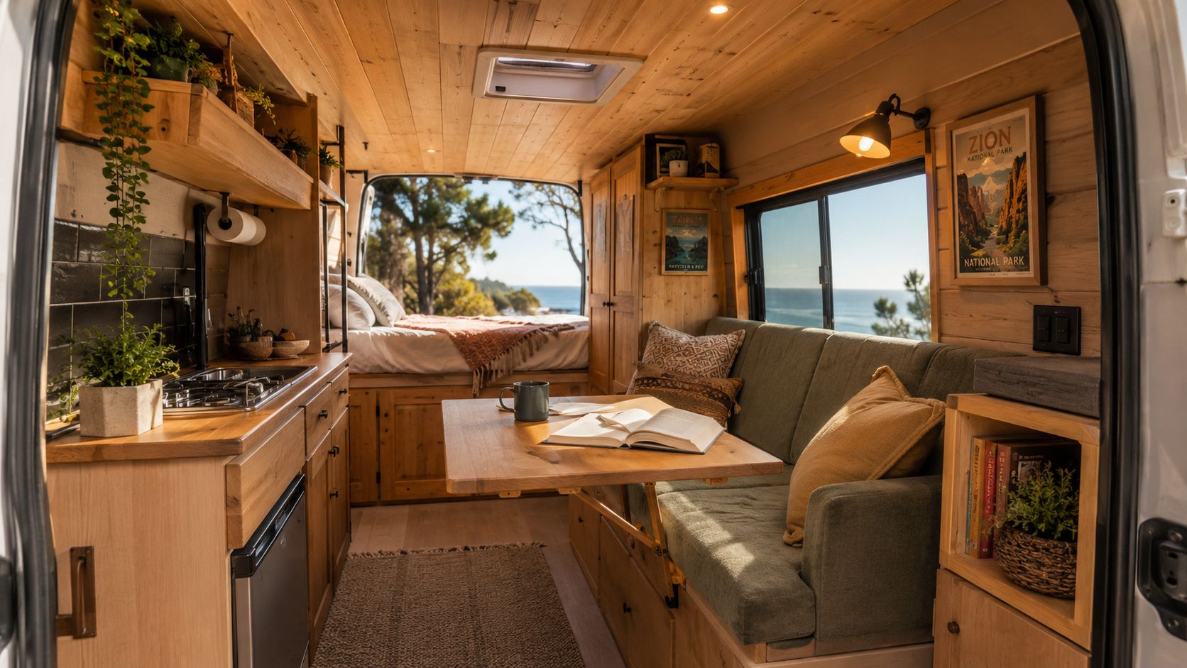 A cozy, sunlit wooden camper van interior featuring a kitchen, seating area, and a bed overlooking the ocean.