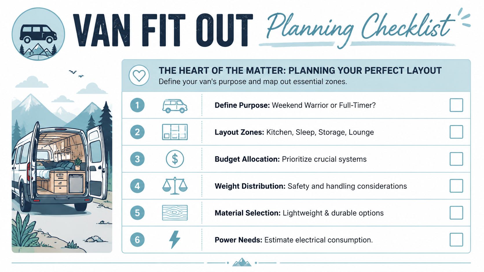 A van fit out planning checklist infographic showing six essential steps for converting a camper van.