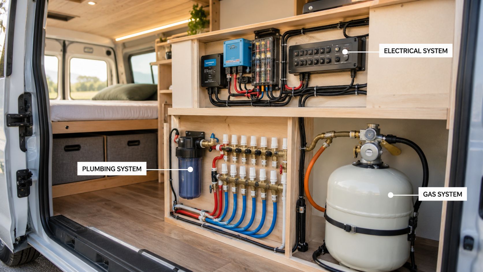 An organized utility wall inside a camper van displaying electrical, plumbing, and gas systems.