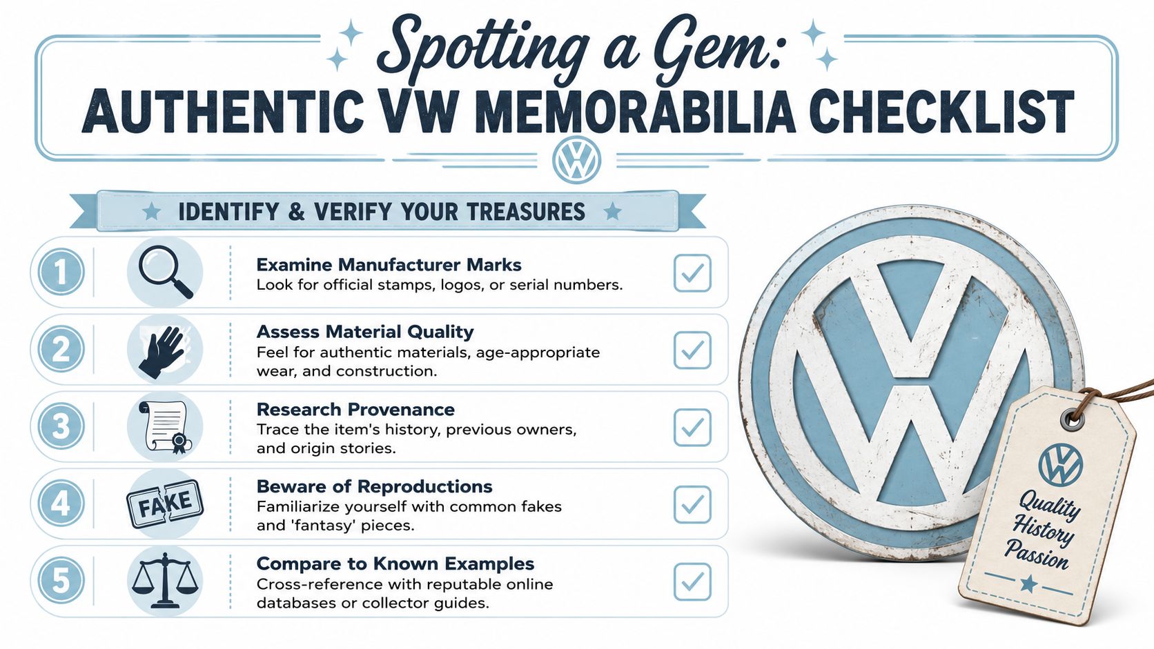 An infographic checklist for identifying authentic vintage Volkswagen memorabilia with five tips and a VW logo.