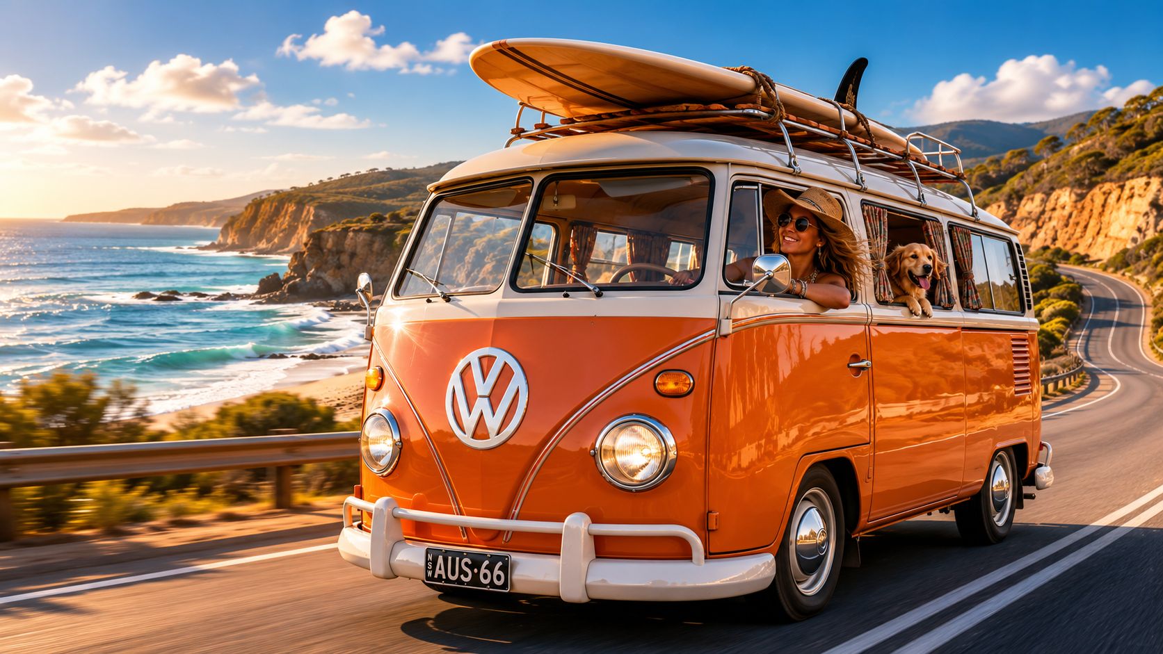 A woman driving a vintage orange Volkswagen bus along a coastal highway with a golden retriever.