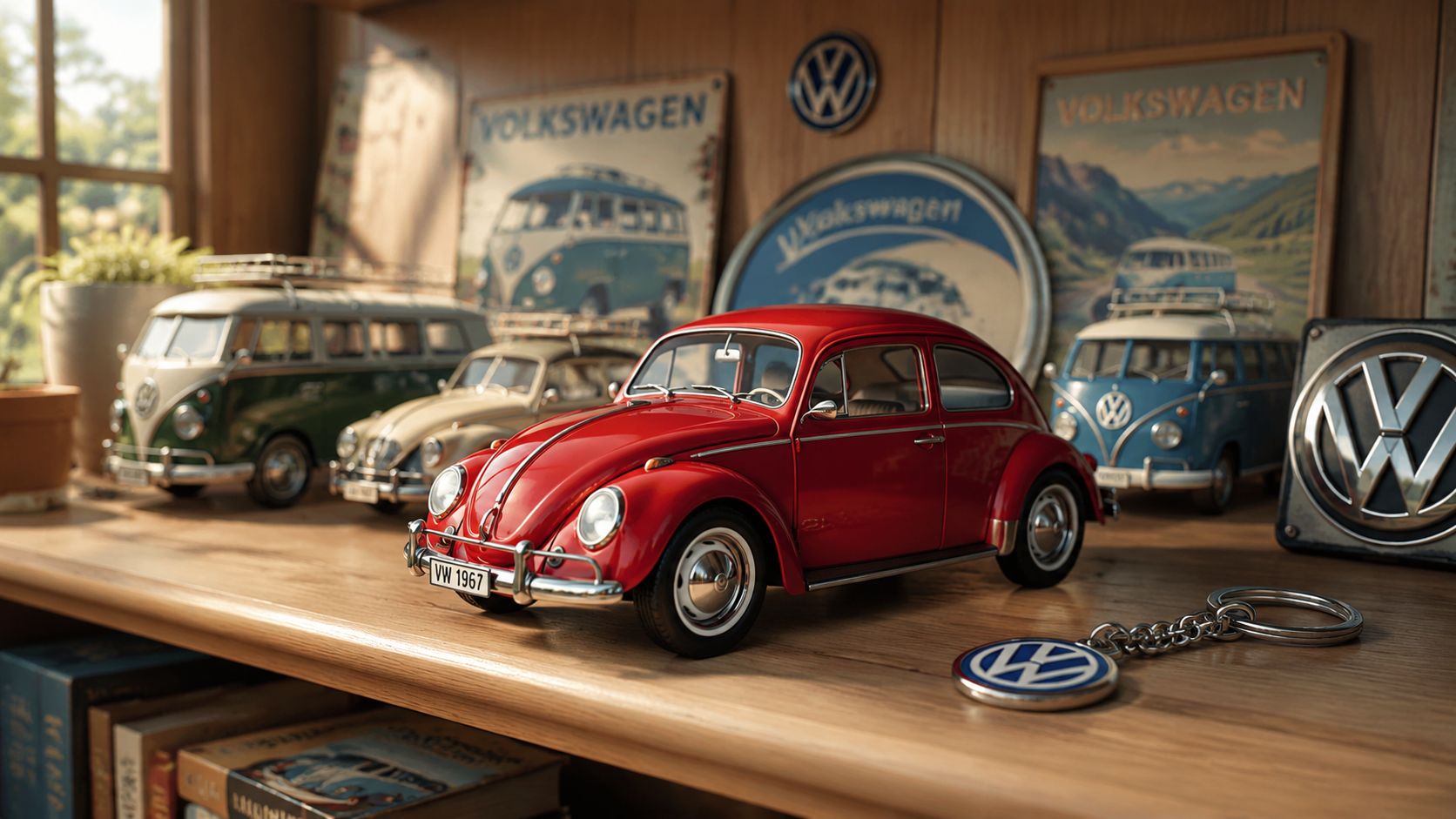 A red vintage Volkswagen Beetle toy model sits on a wooden shelf next to bus models.