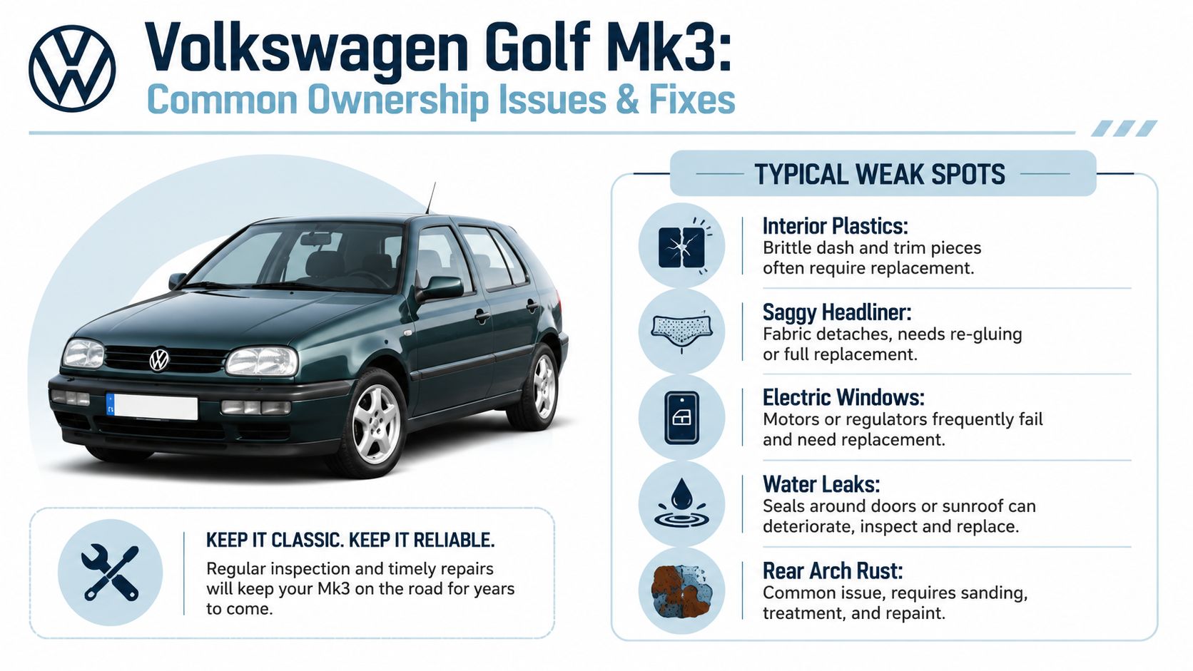 An infographic detailing common maintenance issues and repair tips for a green Volkswagen Golf Mk3 hatchback.