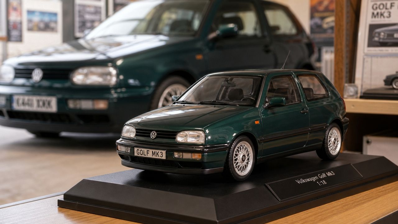 A miniature Volkswagen Golf Mk3 model car displayed on a base, with a full-sized version in the background.