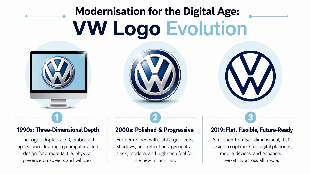A visual timeline showing the evolution of the Volkswagen logo design from the 1990s through 2019.