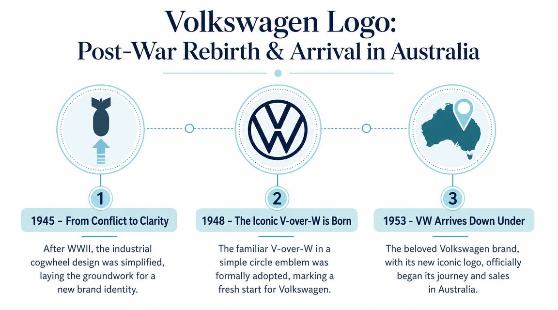 A timeline graphic showing the evolution of the Volkswagen logo from 1945 to 1953 in Australia.