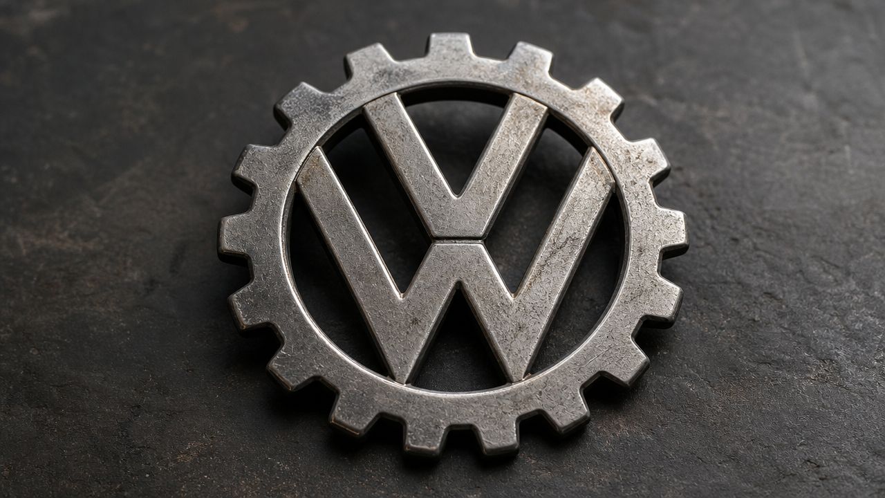 A rustic, metallic Volkswagen logo embedded within a gear shape sitting on a textured dark background.