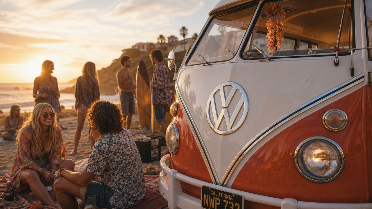 A vintage Volkswagen bus parked on a beach with friends socializing during a golden hour sunset.