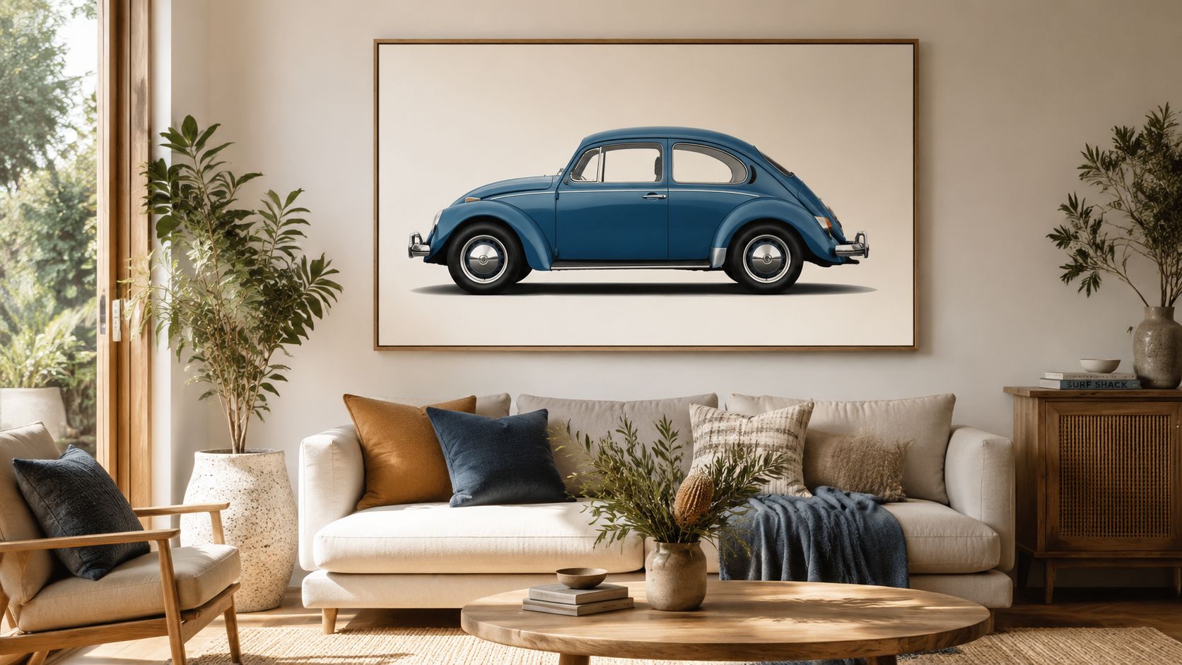 A modern living room featuring a framed VW Beetle wall art print hanging above a beige sofa.