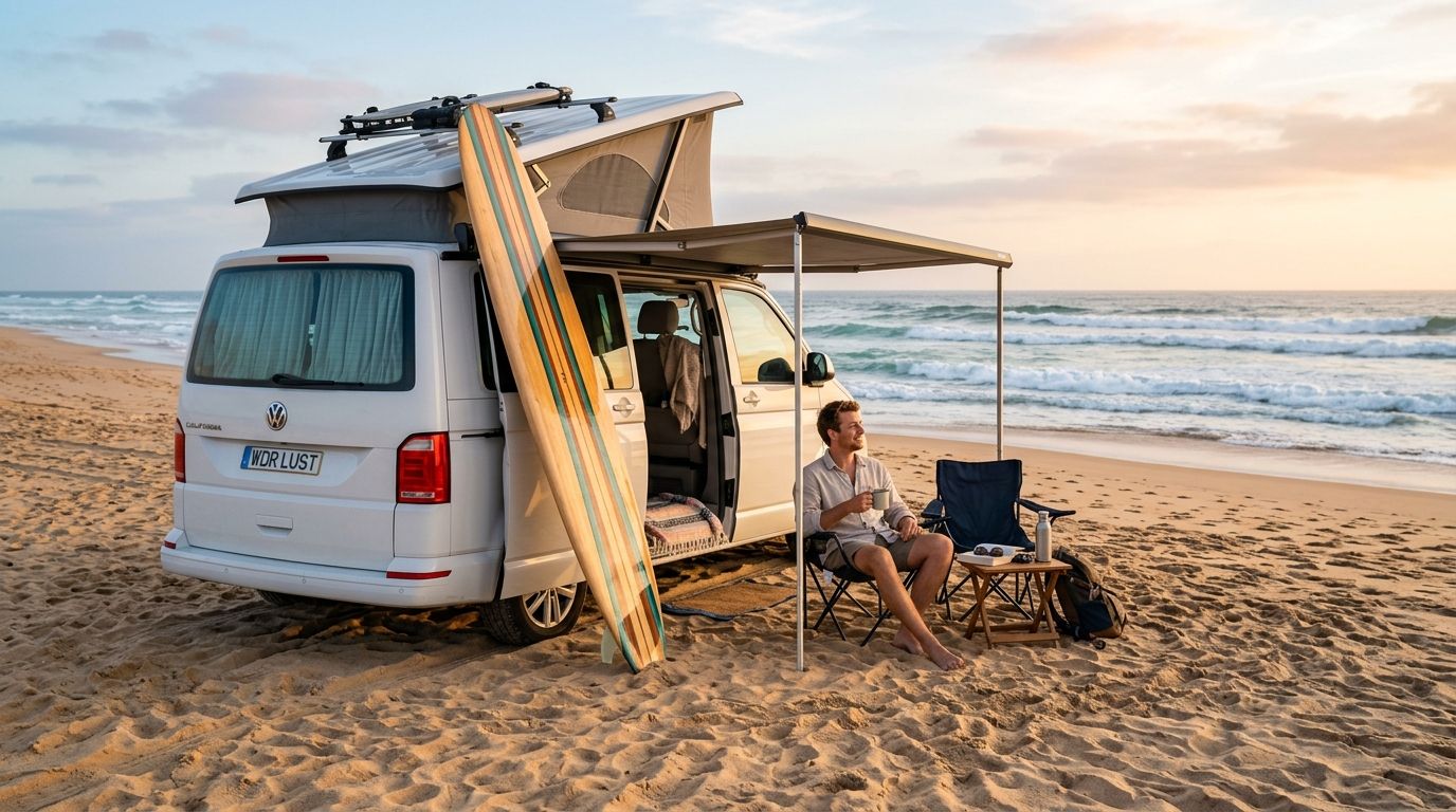 A man relaxing by his white VW California camper van on a sunny beach with a surfboard.