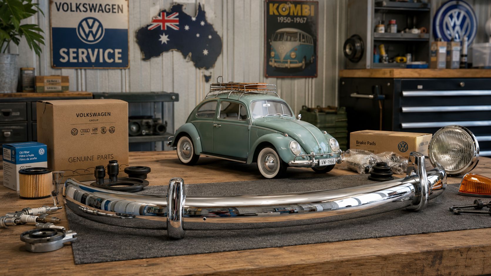 A collection of vintage Volkswagen automotive parts and a classic model beetle car on a wooden workbench