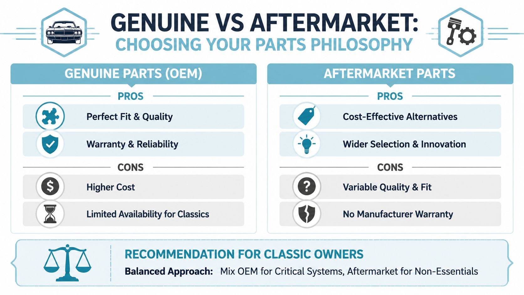 A comparison infographic detailing the pros and cons of genuine OEM car parts versus aftermarket car parts.