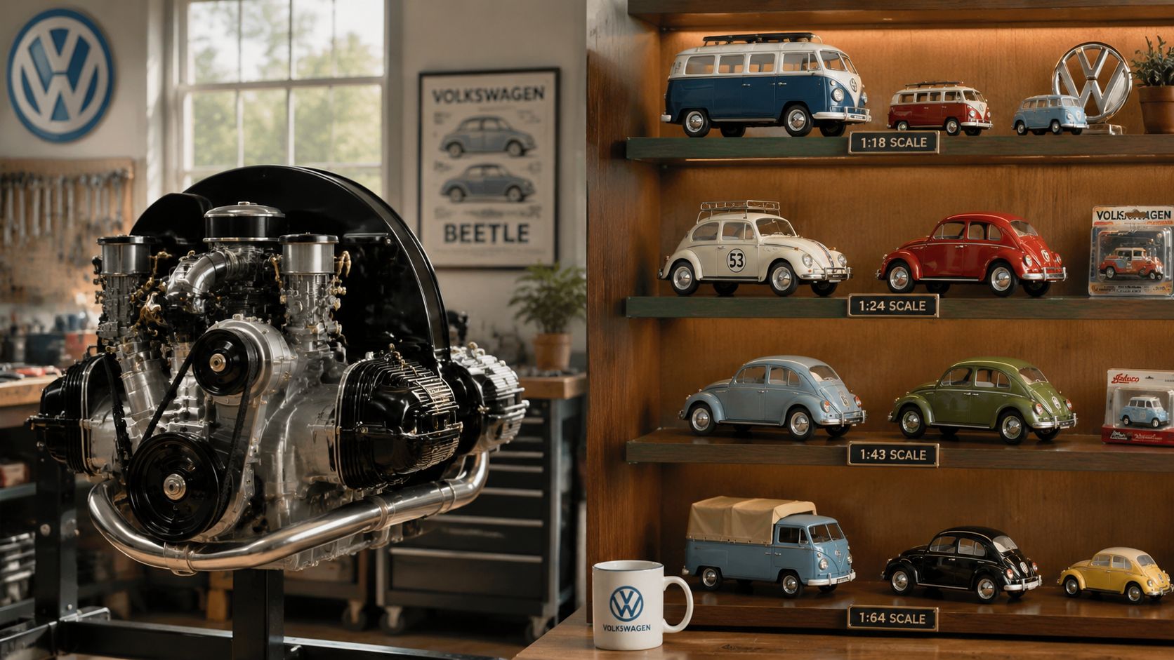 A workshop display featuring a VW engine, scale model cars on wooden shelves, and Volkswagen branding.