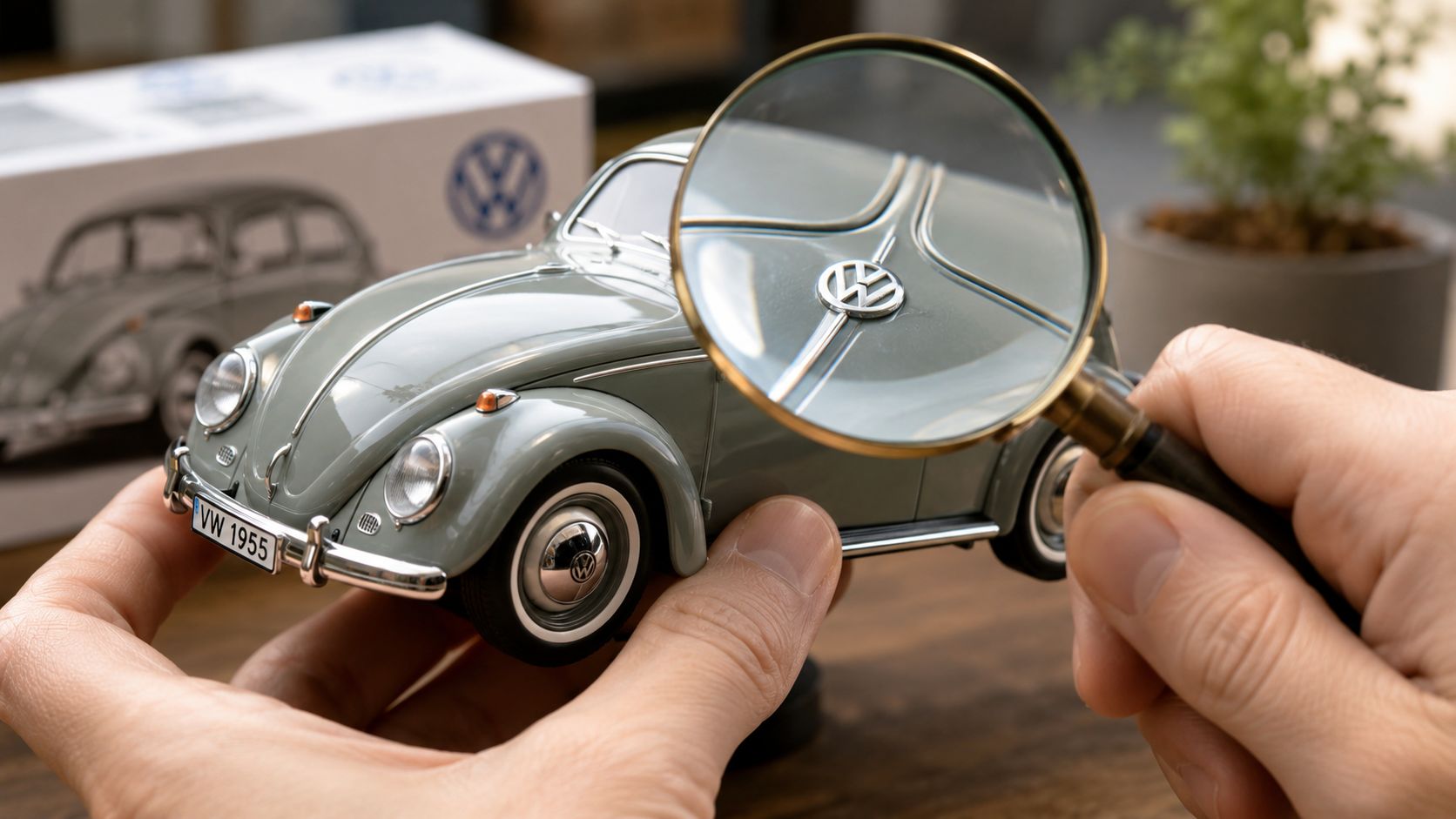A person holds a grey diecast VW Beetle model car while using a magnifying glass to inspect it.