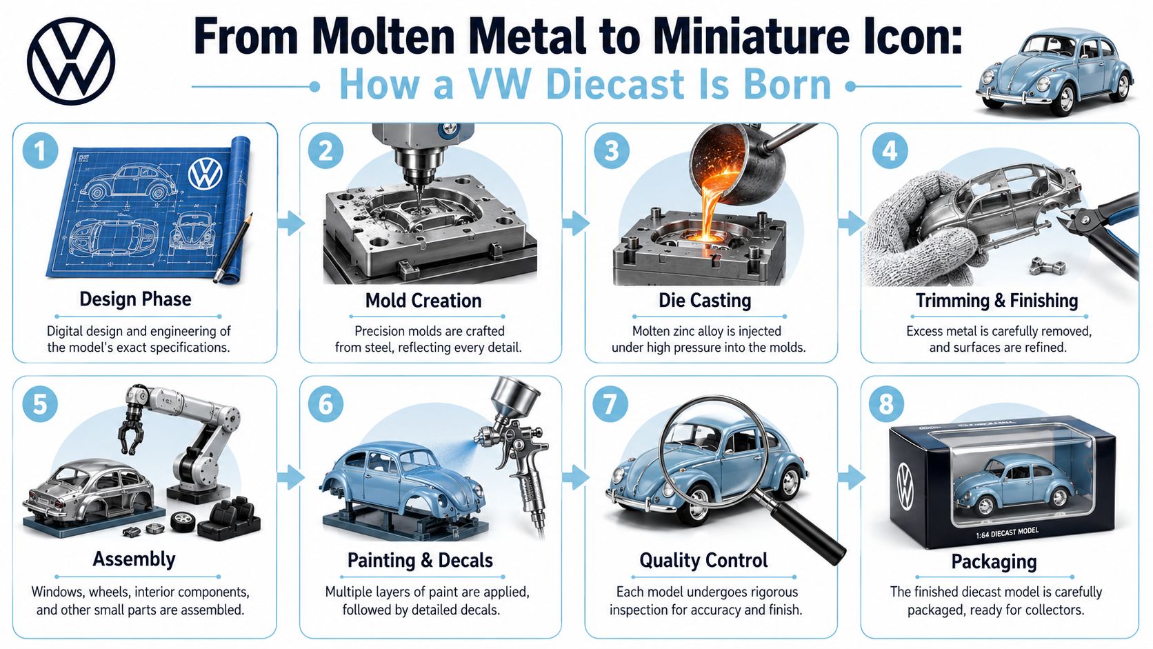 An infographic detailing the eight-step manufacturing process of creating a Volkswagen diecast model car.