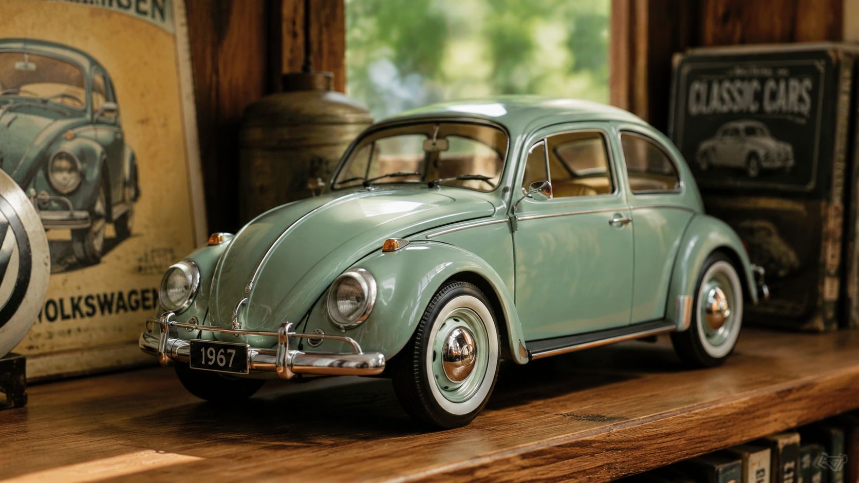 A miniature light green 1967 Volkswagen Beetle diecast model car sitting on a rustic wooden shelf.